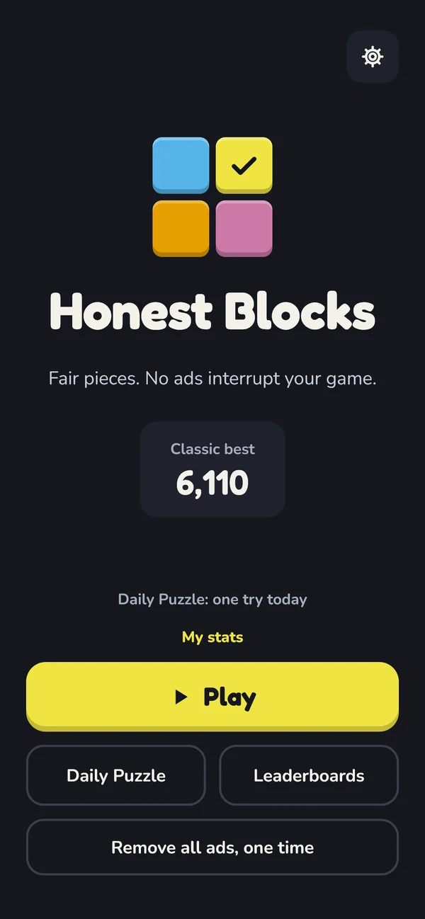 The Honest Blocks home screen: the four-block logo, the line Fair pieces. No ads interrupt your game, a Classic best score, and buttons for Play, Daily Puzzle, Leaderboards and Remove all ads.