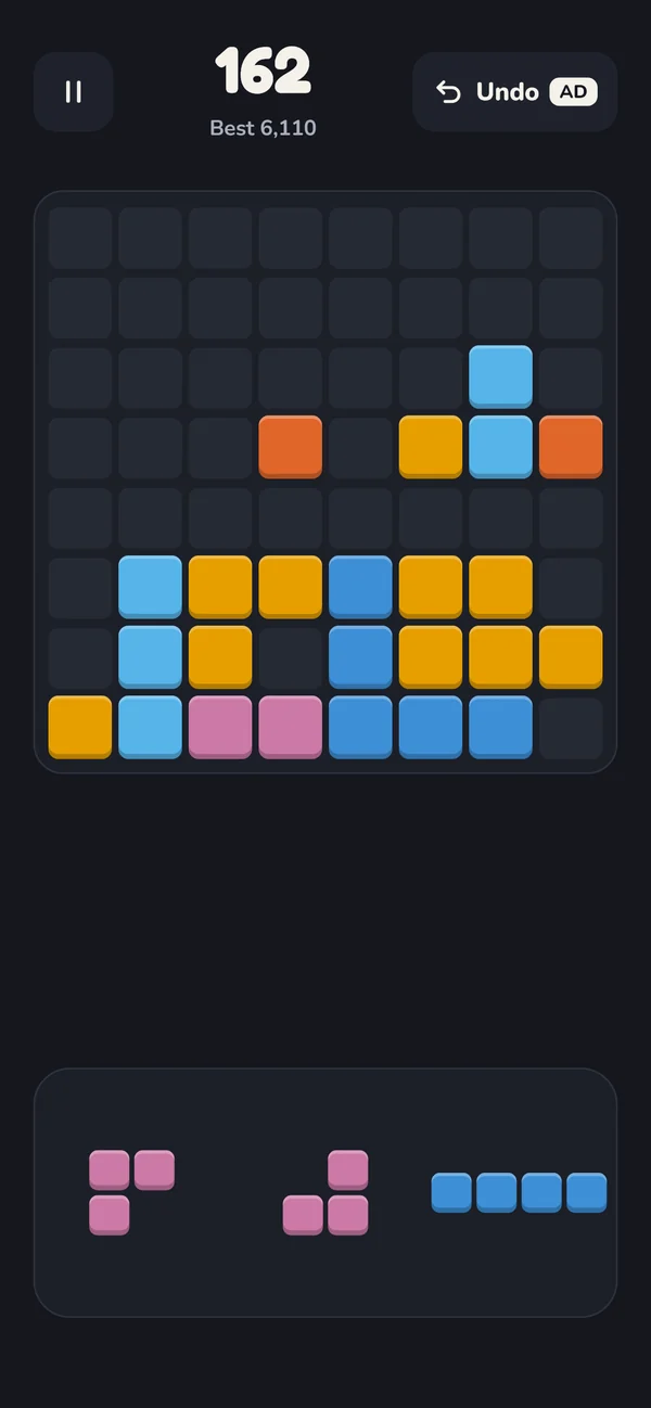 Honest Blocks in play: an 8 by 8 board partly filled with coloured blocks, a score of 162 at the top, an Undo button marked AD, and three pieces waiting in the tray.